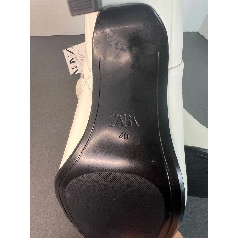 NWT Zara Ivory Off White Leather Square Toe Low Heel Zip Ankle Boots Sz 9‎